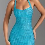 Oh Polly Embellished Halterneck Mini Dress in Aqua Blue