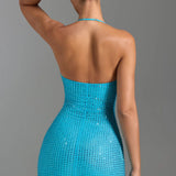 Oh Polly Embellished Halterneck Mini Dress in Aqua Blue
