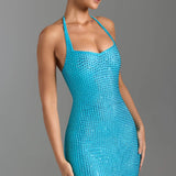 Oh Polly Embellished Halterneck Mini Dress in Aqua Blue