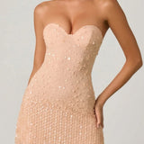 Oh Polly Embellished Sweetheart-Neck A-Line Mini Dress in Apricot