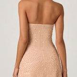 Oh Polly Embellished Sweetheart-Neck A-Line Mini Dress in Apricot
