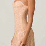 Oh Polly Embellished Sweetheart-Neck A-Line Mini Dress in Apricot