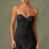 Oh Polly Embellished Sweetheart-Neck A-Line Mini Dress in Black