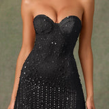 Oh Polly Embellished Sweetheart-Neck A-Line Mini Dress in Black