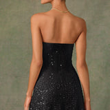 Oh Polly Embellished Sweetheart-Neck A-Line Mini Dress in Black