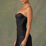 Oh Polly Embellished Sweetheart-Neck A-Line Mini Dress in Black
