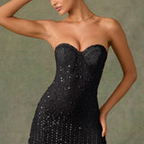 Oh Polly Embellished Sweetheart-Neck A-Line Mini Dress in Black