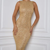 Oh Polly Gianina Embellished Open-Back Midaxi Dress in Gold