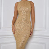 Oh Polly Gianina Embellished Open-Back Midaxi Dress in Gold