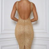 Oh Polly Gianina Embellished Open-Back Midaxi Dress in Gold