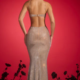 Oh Polly Kassie Embellished Cut-Out Halterneck Gown in Almond