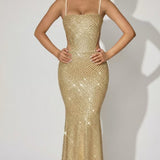 Oh Polly Katalia Embellished Cut-Out Gown in Gold