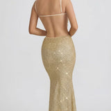 Oh Polly Katalia Embellished Cut-Out Gown in Gold