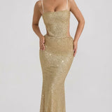 Oh Polly Katalia Embellished Cut-Out Gown in Gold