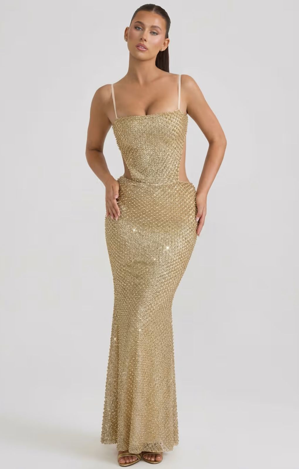 Rent Oh Polly Katalia Embellished Cut-Out Gown in Gold Rent Oh Polly Katalia Embellished Cut-Out Gown in Gold