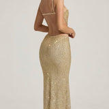 Oh Polly Katalia Embellished Cut-Out Gown in Gold