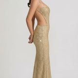 Oh Polly Katalia Embellished Cut-Out Gown in Gold