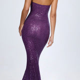 Oh Polly Kinsley  EmbellishedCut-Out Bandeau Maxi Dress in Grape