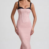Oh Polly Layered Bra-Detail Fishtail Midaxi Dress in Pink Polka Dot