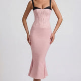 Oh Polly Layered Bra-Detail Fishtail Midaxi Dress in Pink Polka Dot