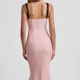 Oh Polly Layered Bra-Detail Fishtail Midaxi Dress in Pink Polka Dot