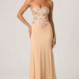 Oh Polly Lysana Embellished Corset Fishtail Gown in Floral Beige