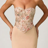 Oh Polly Lysana Embellished Corset Fishtail Gown in Floral Beige