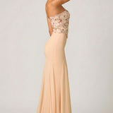 Oh Polly Lysana Embellished Corset Fishtail Gown in Floral Beige