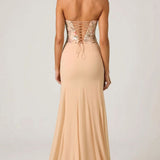 Oh Polly Lysana Embellished Corset Fishtail Gown in Floral Beige