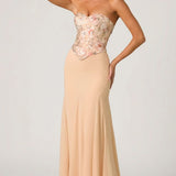 Oh Polly Lysana Embellished Corset Fishtail Gown in Floral Beige