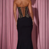 Oh Polly Marceline Lace-Up Corset Fishtail Maxi Dress in Black