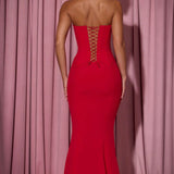 Oh Polly Marceline Lace-Up Corset Fishtail Maxi Dress in Red