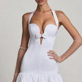 Oh Polly Millie Bow-Detail Halterneck Bubble Hem Mini Dress in White