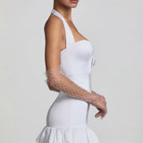 Oh Polly Millie Bow-Detail Halterneck Bubble Hem Mini Dress in White