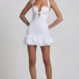 Oh Polly Millie Bow-Detail Halterneck Bubble Hem Mini Dress in White