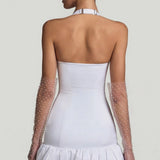 Oh Polly Millie Bow-Detail Halterneck Bubble Hem Mini Dress in White