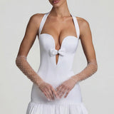 Oh Polly Millie Bow-Detail Halterneck Bubble Hem Mini Dress in White