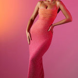 Oh Polly Monte Carlo Embellished Maxi Dress in Red and Orange Ombré