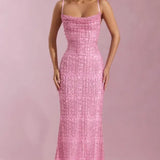 Oh Polly Nivalis Embellished Cowl-Neck Backless Maxi Dress in Pink