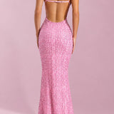 Oh Polly Nivalis Embellished Cowl-Neck Backless Maxi Dress in Pink