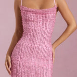 Oh Polly Nivalis Embellished Cowl-Neck Backless Maxi Dress in Pink