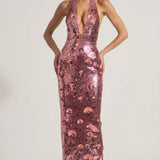 Oh Polly Nolira Sequin-Embellished Halterneck Maxi Dress in Pink