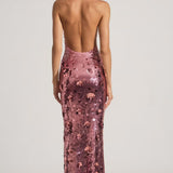 Oh Polly Nolira Sequin-Embellished Halterneck Maxi Dress in Pink