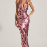 Oh Polly Nolira Sequin-Embellished Halterneck Maxi Dress in Pink