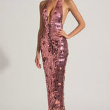 Oh Polly Nolira Sequin-Embellished Halterneck Maxi Dress in Pink