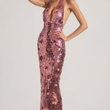 Oh Polly Nolira Sequin-Embellished Halterneck Maxi Dress in Pink