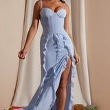 Oh Polly Perrine Corset Frill Skirt Maxi Dress in Blue