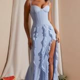 Oh Polly Perrine Corset Frill Skirt Maxi Dress in Blue