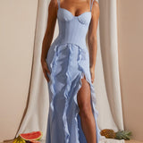 Oh Polly Perrine Corset Frill Skirt Maxi Dress in Blue