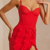 Oh Polly Perrine Corset Frill Skirt Maxi Dress in Scarlet Red